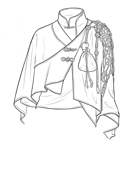 根据图片中的服装生成服装款式线稿图，仅展示上衣部分，保持服装款式结构不变，线稿清晰，黑白线条，服装款式设计稿预览效果