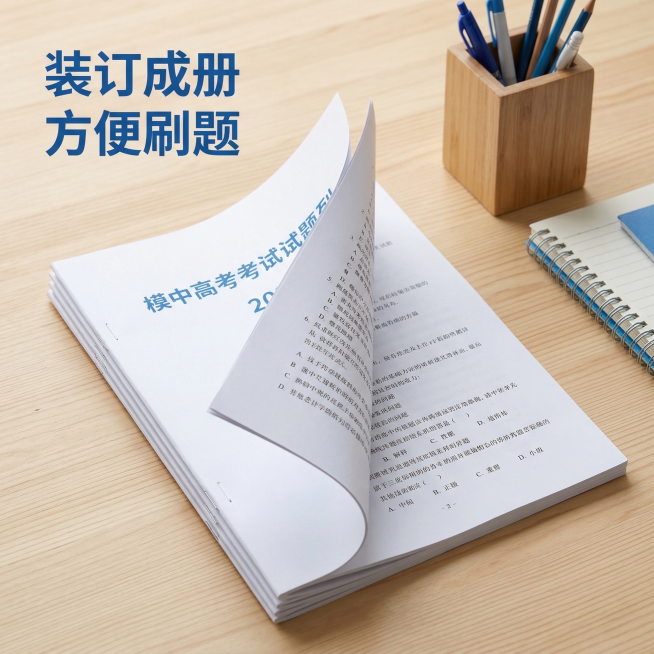 [主图8：打印效果展示] 主图主题：打印效果实拍展示；氛围风格：升学风，真实自然；画面元素：将打印好的高考试卷装订成册，摆放在书桌桌面，页面整齐、文字清晰，展示装订后的成品效果，背景搭配笔筒和笔记本，预览效果