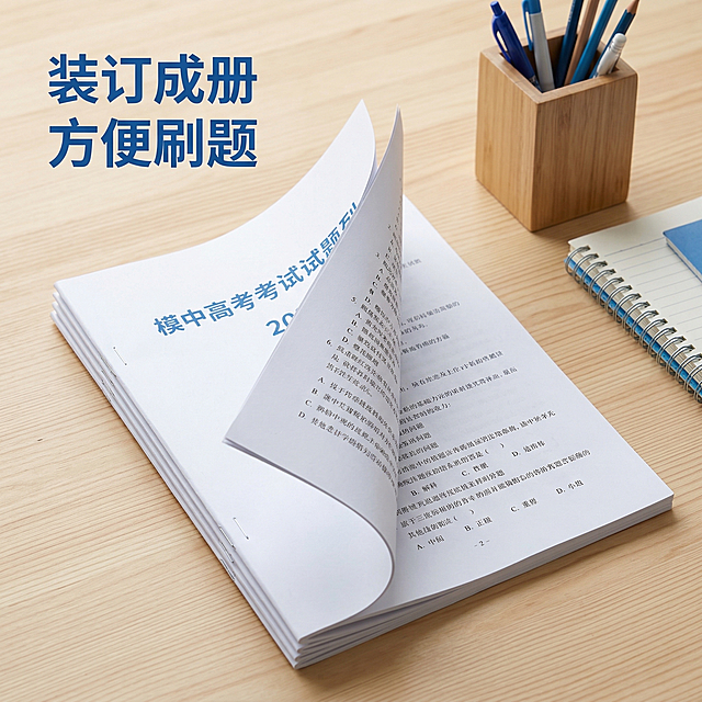 [主图8：打印效果展示] 主图主题：打印效果实拍展示；氛围风格：升学风，真实自然；画面元素：将打印好的高考试卷装订成册，摆放在书桌桌面，页面整齐、文字清晰，展示装订后的成品效果，背景搭配笔筒和笔记本，风格和主图1统一；配色色系：浅木色+白纸+蓝色标题，自然清爽；视角构图：倾斜摆放，平视拍摄，突出装订成品质感；文字版式：左上角标注主标题 "装订成册 方便刷题"，字体蓝色无衬线，放置在背景留白处，不遮挡成品主体。比例分辨率：1:1比例2k分辨率