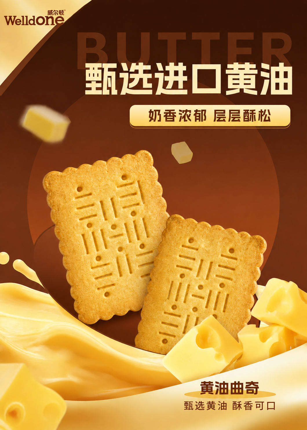 1. 将右下角产品名"小鱼棒棒饼干"改为"黄油曲奇"，副标题"… - 图片创意预览