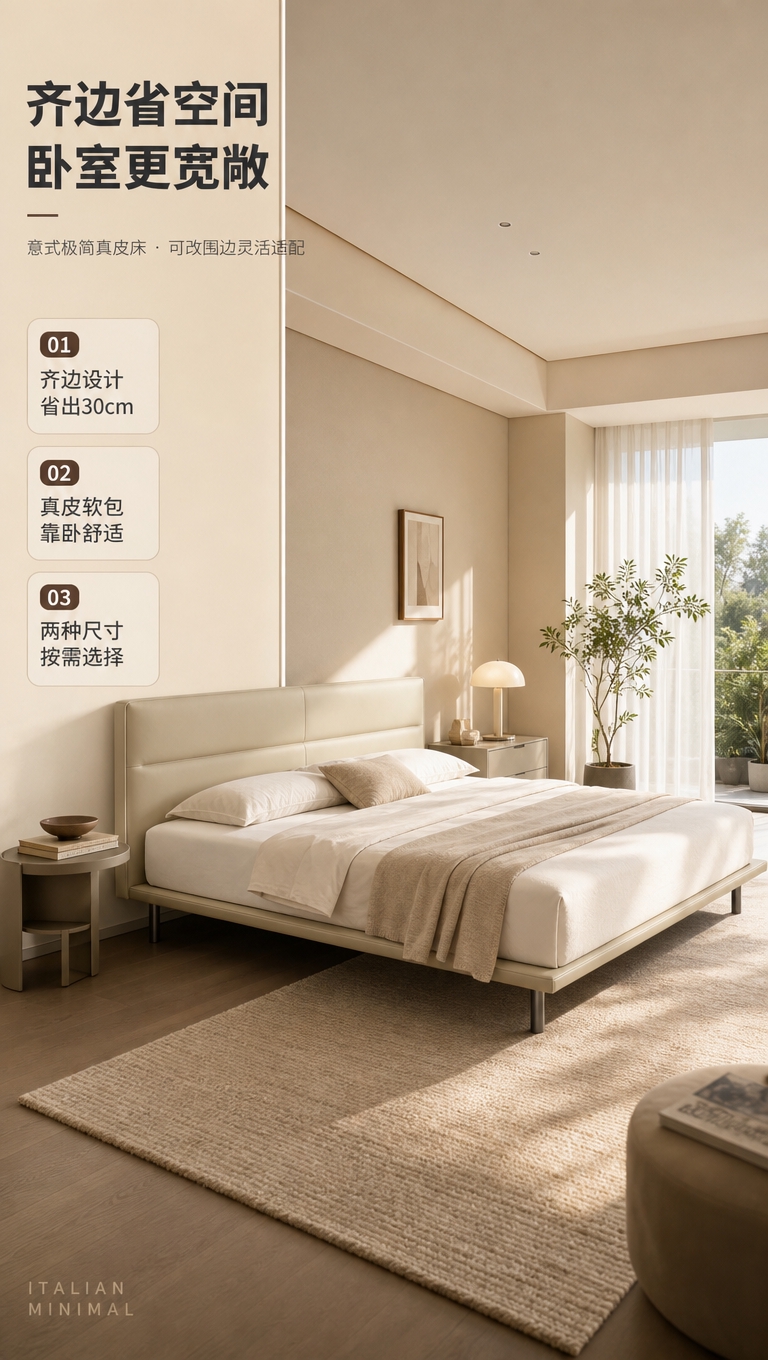 [商品] 使用【图1】米杏色齐边真皮床；保留齐边床结构、长方形… - 图片创意预览
