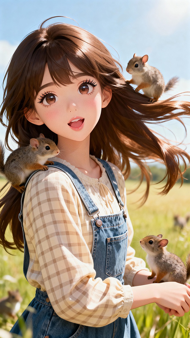 动漫风少女与松鼠互动，软3D质感融合水彩光影，营造梦幻清新氛围，传递温馨趣味的自然之趣。