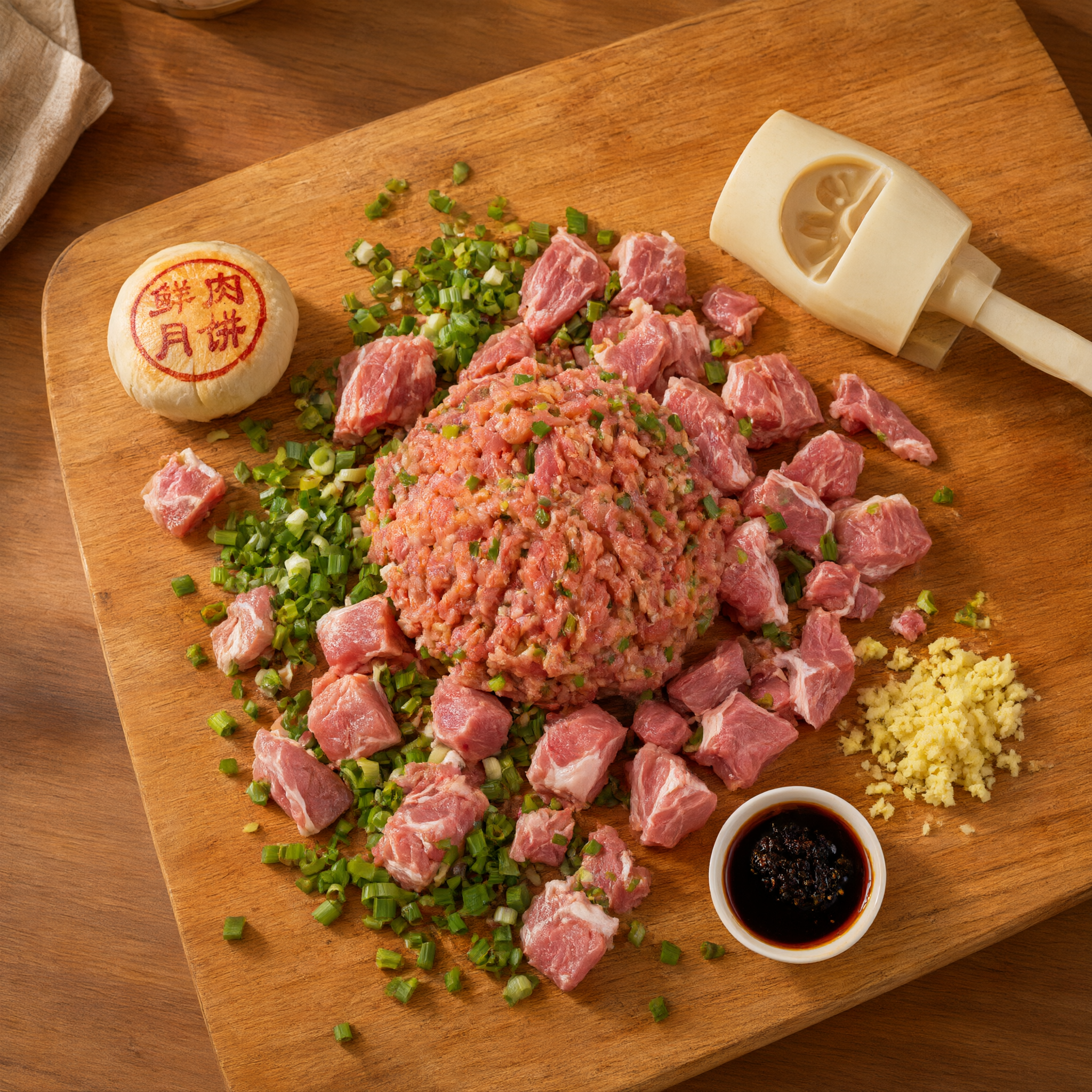 俯视角度，鲜肉月饼馅料的原材料展示，新鲜的猪前腿肉切块、葱花、… - 图片创意预览
