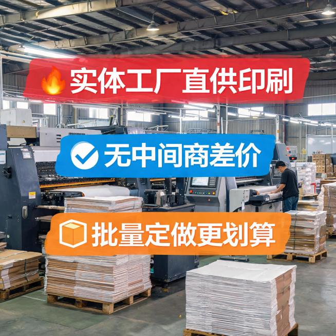 工厂直供印刷定制电商主图，文字文案："实体工厂直供印刷，无中间商差价，批量定做更划算"，突出工厂背景，诚信经营风格，吸睛图文排版预览效果