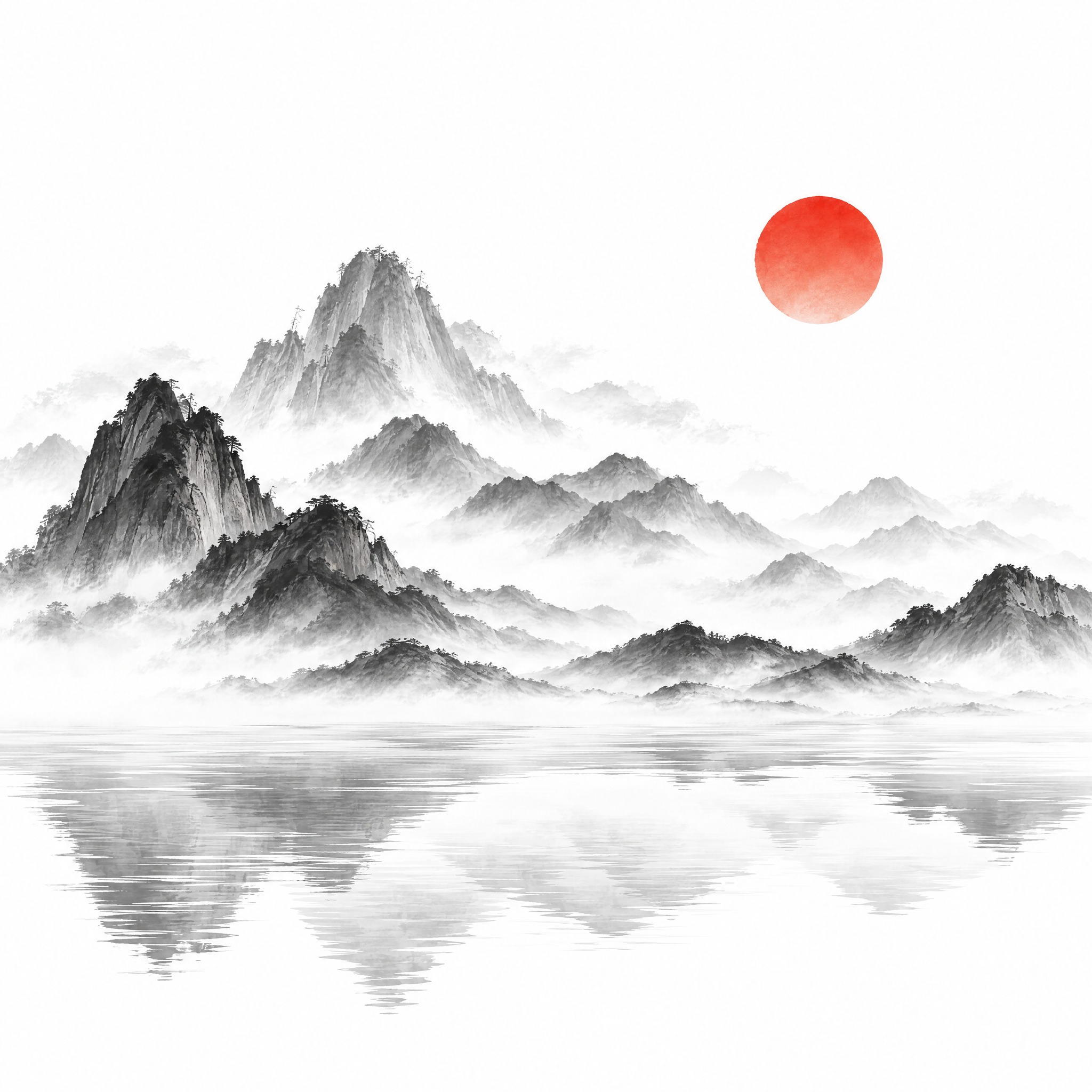 参考图的新中式水墨山水风格，重新生成画面内容：黑白水墨山水，层… - 图片创意预览