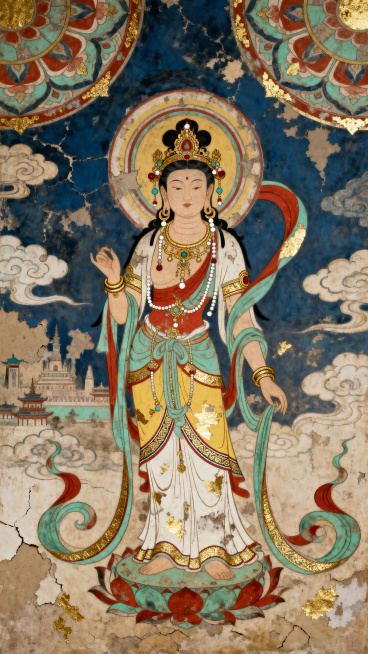 敦煌壁画风高端艺术画作，主题为飞天神女，以主体角色为唯一主视觉核心，呈现优雅庄严、修长华贵、神性强烈的气质，姿态舒展，具有鲜明敦煌壁画式神圣性与仪式感。面容静穆圣洁含蓄不可侵犯，带有敦煌神女飞天庄严气预览效果