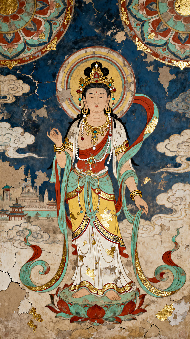 敦煌壁画风高端艺术画作，主题为飞天神女，以主体角色为唯一主视觉核心，呈现优雅庄严、修长华贵、神性强烈的气质，姿态舒展，具有鲜明敦煌壁画式神圣性与仪式感。面容静穆圣洁含蓄不可侵犯，带有敦煌神女飞天庄严气质。发髻高挽，佩戴复杂精美的金饰发冠、珠链步摇、耳饰、璎珞、臂钏、腰饰，服饰华丽，衣纹流畅，线条细劲有力，富有飞天韵律与宫廷级壁画质感。衣袂飘带裙摆袖口形成富有节奏感的流动曲线，强化神圣升腾感与画面韵律。画面结构性用金，发冠首饰衣缘袖口腰封飘带边线裙摆纹样采用描金泥金鎏金金线刺绣残损金箔痕迹，佛光莲台云纹莲花宝相花藻井团花纹边框带有清晰可见但克制高级的金色装饰，整体金碧辉煌但不俗艳，表现历经千年风化后的残损奢华感。色彩以赭红朱砂青绿松石青石黄土黄象牙白为主，辅以土金鎏金，整体色调浓郁浑厚古雅贵气，背景为深邃石青天幕结合古壁肌理。融入飞天莲花宝相花藻井祥云等典型敦煌视觉语言，围绕主体集中分布，无喧宾夺主。构图保留适度云气空间和圣光留白，核心神圣元素醒目庄严，点缀远景云中宫阙增强空间层次。强调古老石窟壁画与矿物颜料肌理，可见斑驳裂纹风化轻微剥落历史包浆，形成旧而贵残而华古而神圣的高级艺术质感。整体华丽细腻神秘庄严，博物馆级审美，文化厚度与收藏级艺术感，避免现代国潮风商业插画感动漫感网红审美塑料质感廉价土豪金