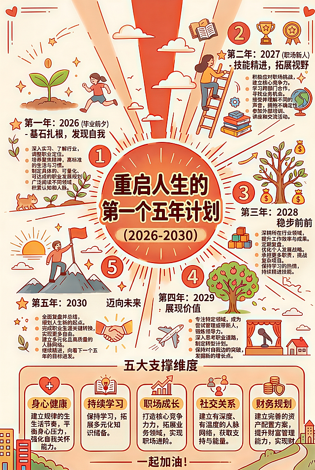 基于正确版本（图2）的完整简体文字，生成一张清晰度足够、所有文字都清晰可辨识的最终海报，保留图2的正确文字内容和中心辐射排版、手绘卡通治愈风格、暖橘红+米黄色配色不变