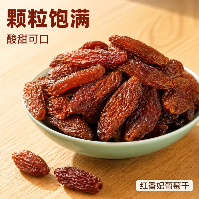 [主图-1] 红香妃葡萄干食欲诱惑首图，展示颗粒饱满的红葡萄干，放置在简约木纹餐桌上，搭配青瓷浅碗盛放。
[氛围风格] 自然真实，高食欲感，性价比氛围，符合拼多多平台风格
[画质] 商业食品摄影质感，预览效果