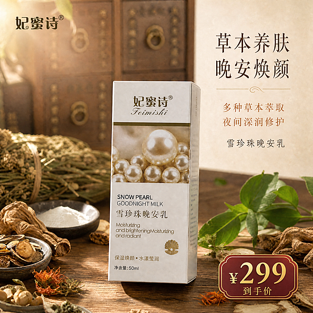 在画面右下角添加醒目的价格标签，价格为299元。价格标签设计为中式印章风格或圆角金边卡片，深棕红色底配金色文字，大字"¥299"，下方小字"到手价"或"活动价"，与整体中药草本风格协调。保持产品、草本植物、背景、原有文字全部不变，只增加价格元素，不改动其他内容。价格标签放在右下角空白区域，不遮挡产品主体。