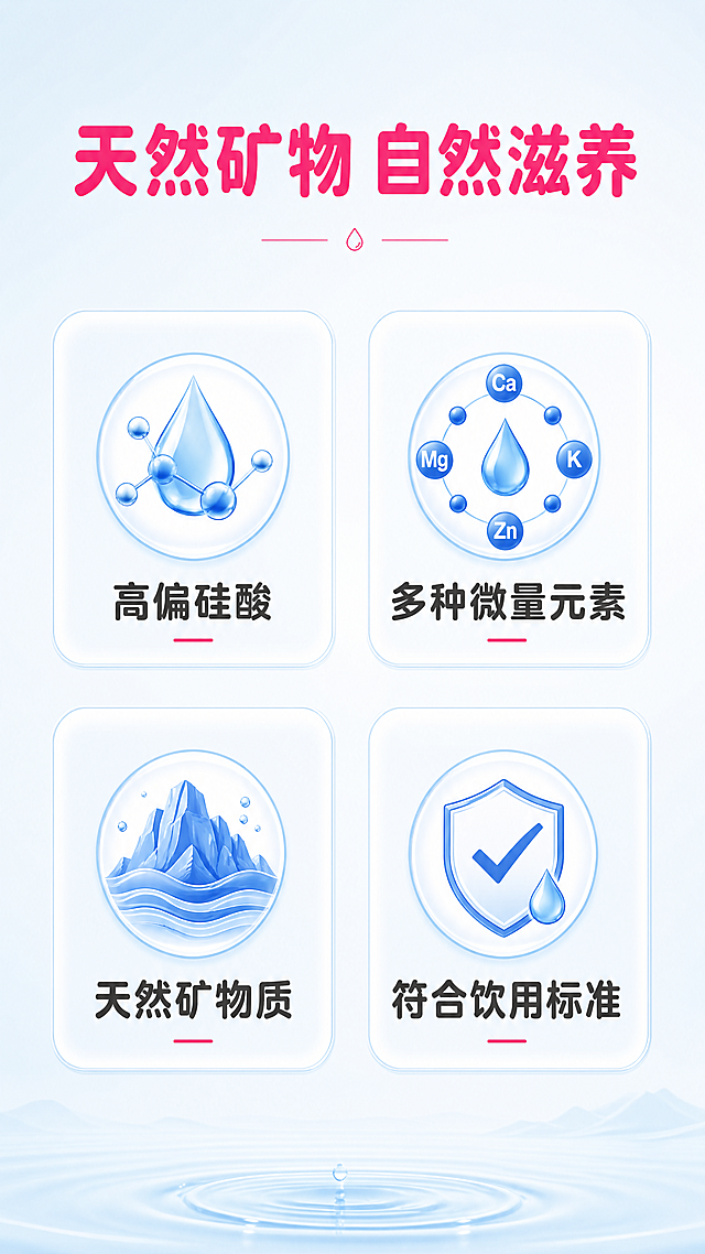 [第3屏] 天然矿物质成分卖点展示，麦宝矿泉水。本屏无需保留完整产品主体，侧重展示成分优势。
[氛围/风格] 专业纯净科学感，浅淡干净背景，清晰信息展示风格。
[元素布局] 上半部分放置标题，中部四宫格布局展示四大核心成分卖点，每个格子配圆形图标和文字说明，背景为淡蓝色渐变，底部预留少量留白。四个卖点分别为高偏硅酸、多种微量元素、天然矿物质、符合饮用标准，每个卖点都配对应简约图标，图标用蓝色，文字用深灰色。
[光影质感] 均匀柔光，信息清晰可见，图标和文字都有清晰对比度，没有暗部死黑和过曝区域。
[配色色系] 全局底色：#F0F8FF（淡蓝）；主体配色：#4A88F4+#F50087；辅助色：#111111；延续全套配色方案。
[视角构图] 居中信息排版，清晰易读，四宫格分布均匀，留白充足。
[文字版式] 顶部主标题粉色粗圆角黑体「天然矿物 自然滋养」，纯色填充，居中排列，字号画面宽度8%；四宫格每个格子内图标在上，粗体深灰标题在下，文字清晰不拥挤。全套统一使用圆角黑体标题字，字色仅粉色和深灰两种，纯色填充字效。
[比例分辨率] 9:16 竖版比例，4K分辨率，文字清晰可辨。
[负向提示词] 图标变形，文字模糊，排版错乱，颜色突兀，水印，虚假信息。