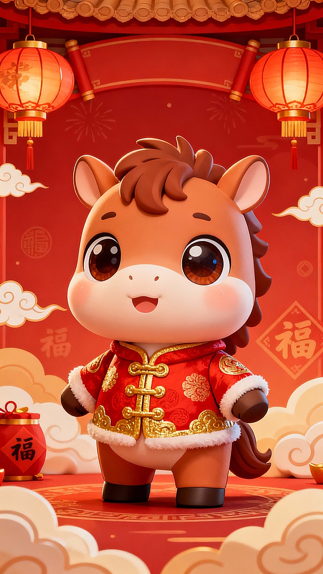 软3D风卡通小马身着国潮红衣，喜庆满溢，毛发生长细节灵动，浮雕云纹与灯笼烘托春节氛围，可爱感十足。