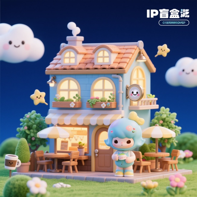 3D卡通风格的咖啡馆微缩景观，正视图，深蓝色背景，一座可爱的咖啡馆建筑模型，屋顶有烟囱，窗户明亮，门前有木质桌椅和遮阳伞，周围环绕绿色植物、花朵和小灌木，点缀卡通拟人化的星星、云朵、咖啡杯装饰，整体风预览效果