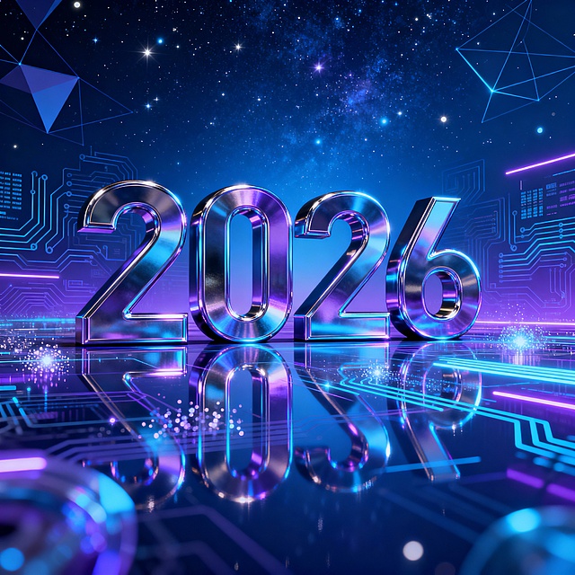 未来感十足的2026年视觉设计，融合赛博朋克风与霓虹灯元素，金属质感数字在3D空间中闪耀，搭配电路板纹理与星河背景，营造出科技感与光影感交织的节日氛围。