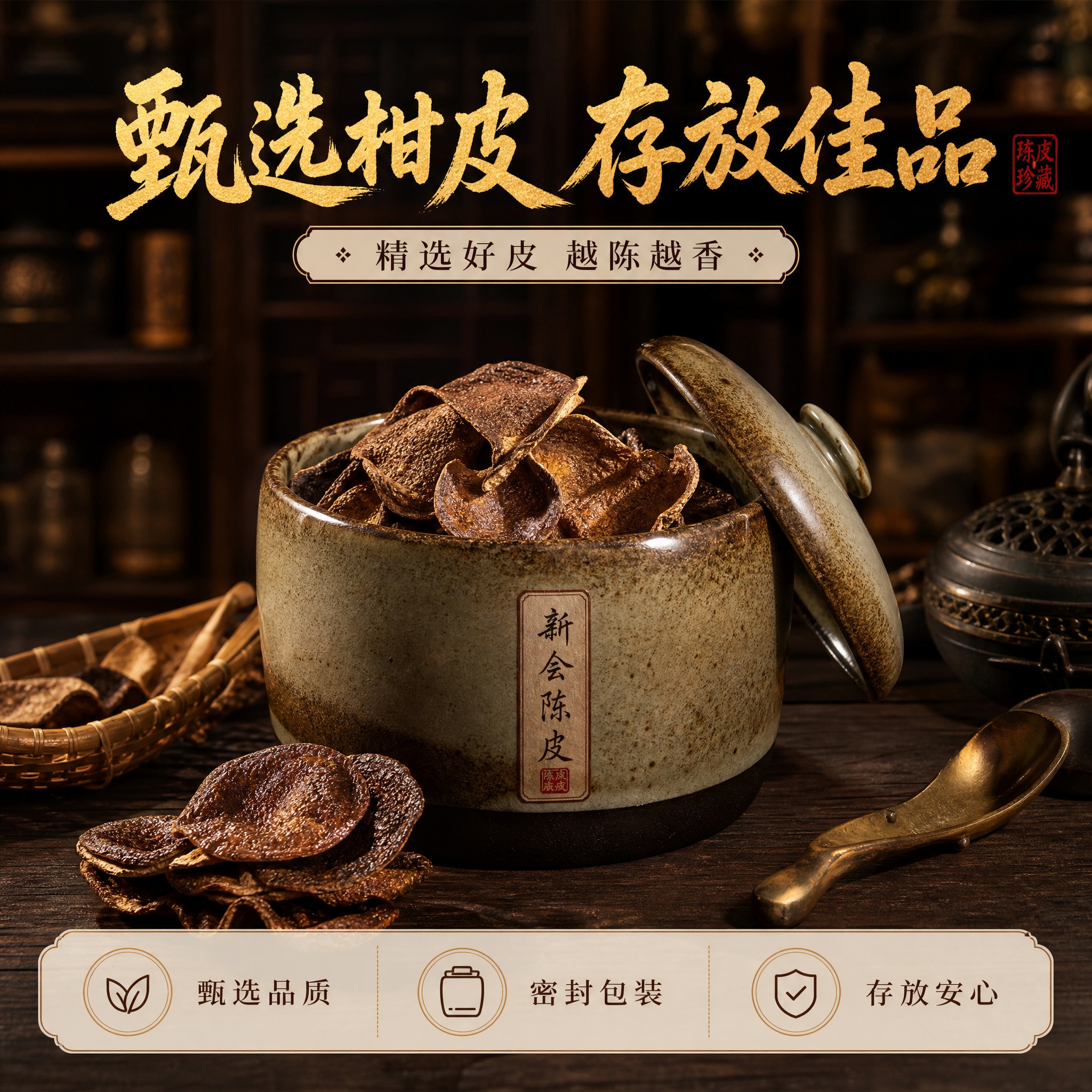 [主图-5] 珍藏价值转化图，主题为甄选柑皮 存放佳品，核心任… - 图片创意预览