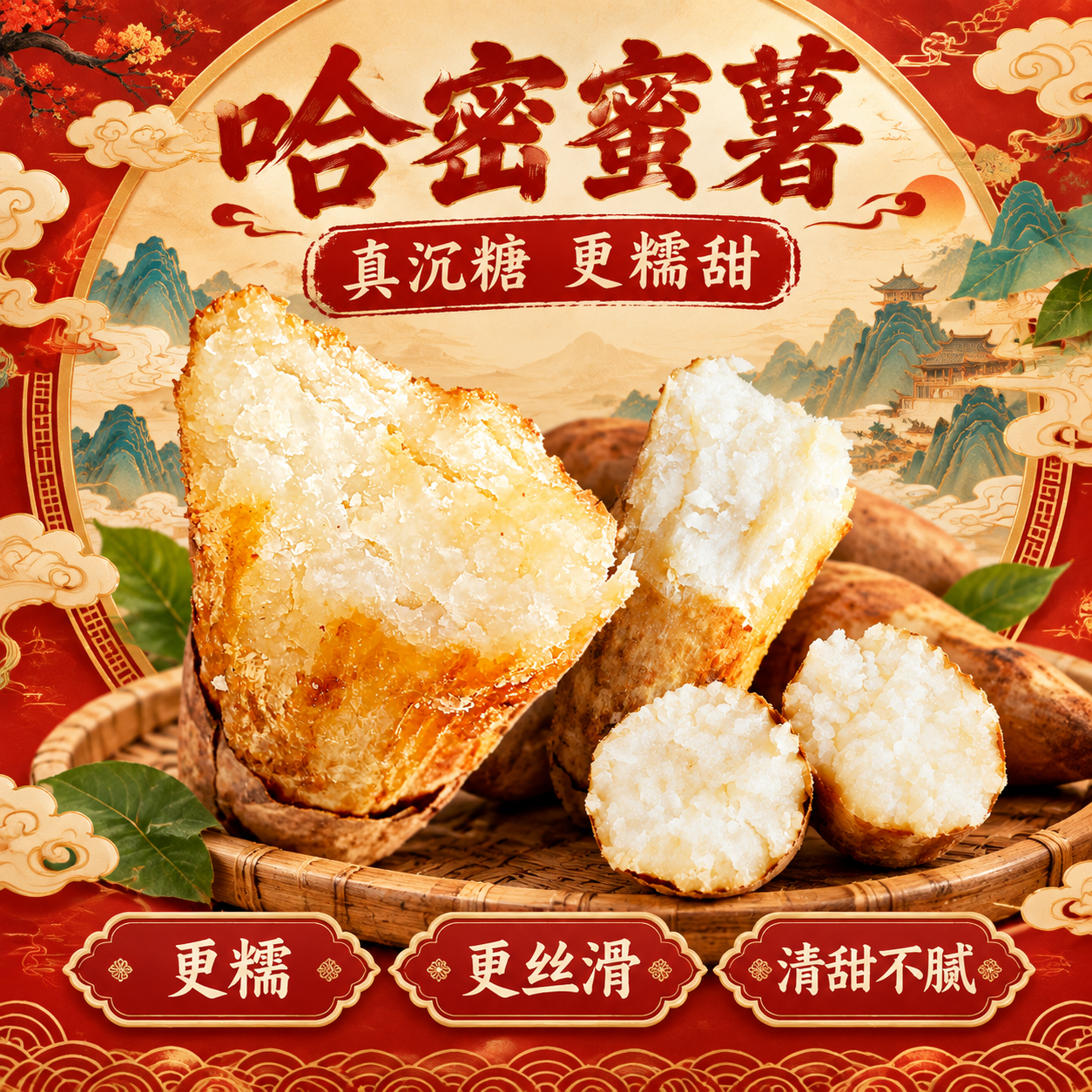哈密蜜薯食品营销海报，1:1正方形，国潮新中式风格。中国风设计… - 图片创意预览