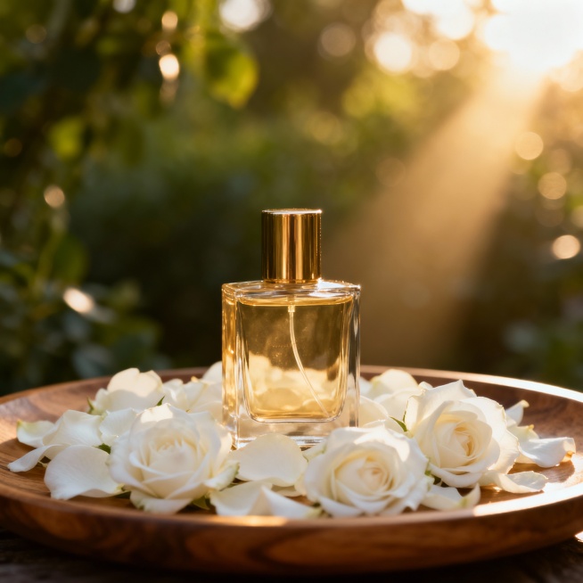 香水瓶放在铺满白色玫瑰花瓣的木质托盘上，背景是模糊的绿色植物，阳光从右侧斜射，形成柔和的光斑，突出产品的优雅气质预览效果