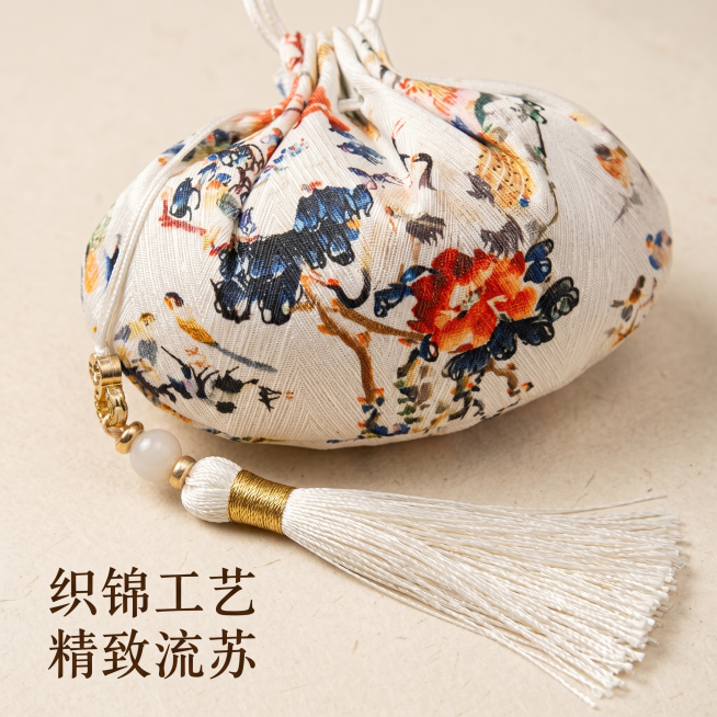 [主图 3] 古风香囊细节特写，展示精致织锦工艺与流苏做工。
[氛围风格] 古风典雅，质感精致；
[画质] 商业摄影质感、光线柔和通透、产品清晰真实、画面干净高级。
[元素] 香囊主体局部特写，重点展预览效果