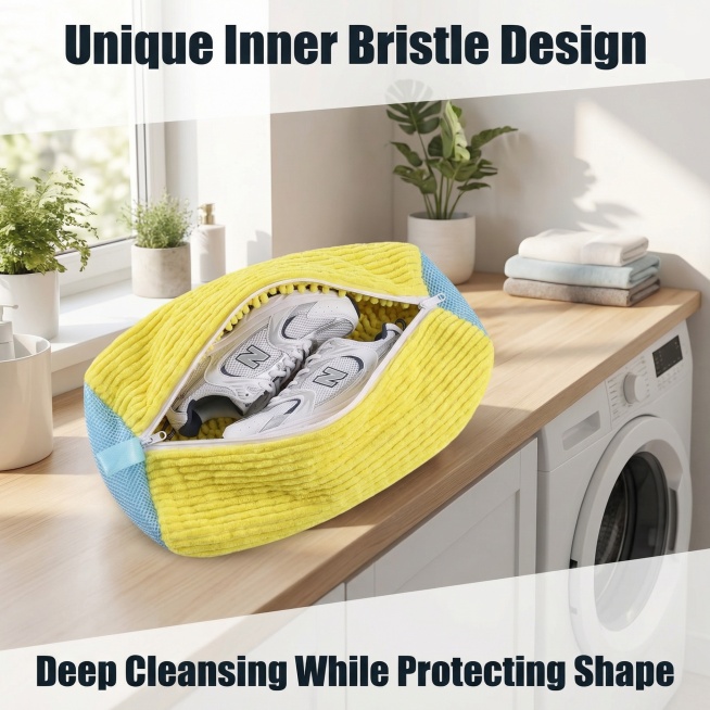 Based on the original product image, keep the yellow shoe washing bag appearance 100% unchanged. Sho预览效果