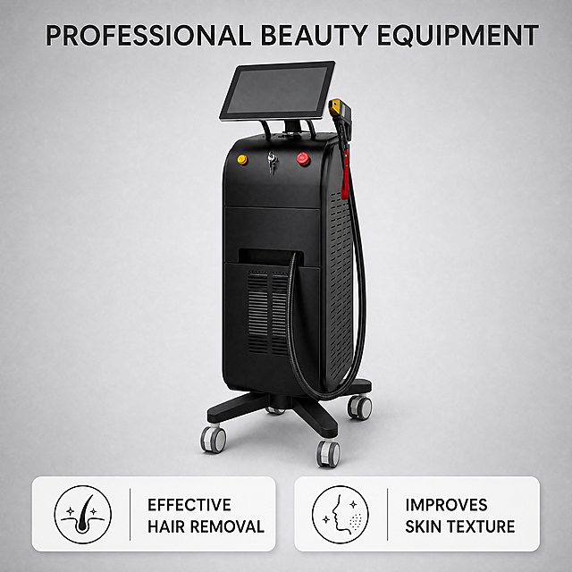 [主图-5]  Professional beauty equipment dual benefits主图。
[氛围风格] 专业功能展示风，高端美容院质感，符合欧美跨境审美；
[画质] 商业摄影质感，光线通透，对比清晰，产品真实，画面干净高级。
[元素] 保持808激光脱毛美容仪外观与输入产品图绝对一致，杜绝变形色差。产品居中放置，下方左右分两个展示区块，分别展示两个核心功效：Hair Removal 和 Skin Rejuvenation，每个区块配简洁图标。背景为干净的浅灰色渐变，主体突出。商品主体占比约60%，画面满屏无边框。
[光影] 均匀正面布光，产品立体清晰，背景干净无杂影。
[配色] 浅灰渐变背景，黑色产品主体，功效区块使用白色配深灰文字，对比清晰，专业高级。
[视角构图] 中心构图，产品在上，功效区块在下，结构清晰，平衡稳定。
[文字版式] 顶部大标题 "PROFESSIONAL BEAUTY EQUIPMENT"，下方两个区块分别展示核心功效：左侧图标+大字 "EFFECTIVE HAIR REMOVAL"，右侧图标+大字 "IMPROVES SKIN TEXTURE"，文字全部英文，排版整齐，不遮挡产品主体。
[比例分辨率] 1:1 比例，2048px x 2048px，4k 分辨率，文字清晰可辨，超高清。
[负向提示词] 变形，水印，文字错乱，产品图模糊，背景杂乱，中文，夸大词汇
