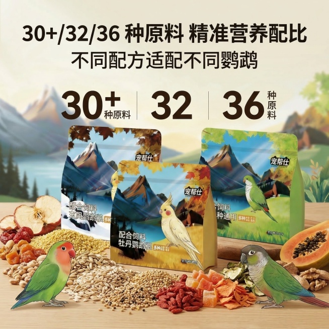 严格还原上传的三款宠帮仕鹦鹉粮产品图，包括包装设计、颜色、LOGO位置、文字内容、图案元素等所有细节。主标题是"30+/32/36 种原料 精准营养配比"，副标题是"不同配方适配不同鹦鹉"。画面中心将预览效果