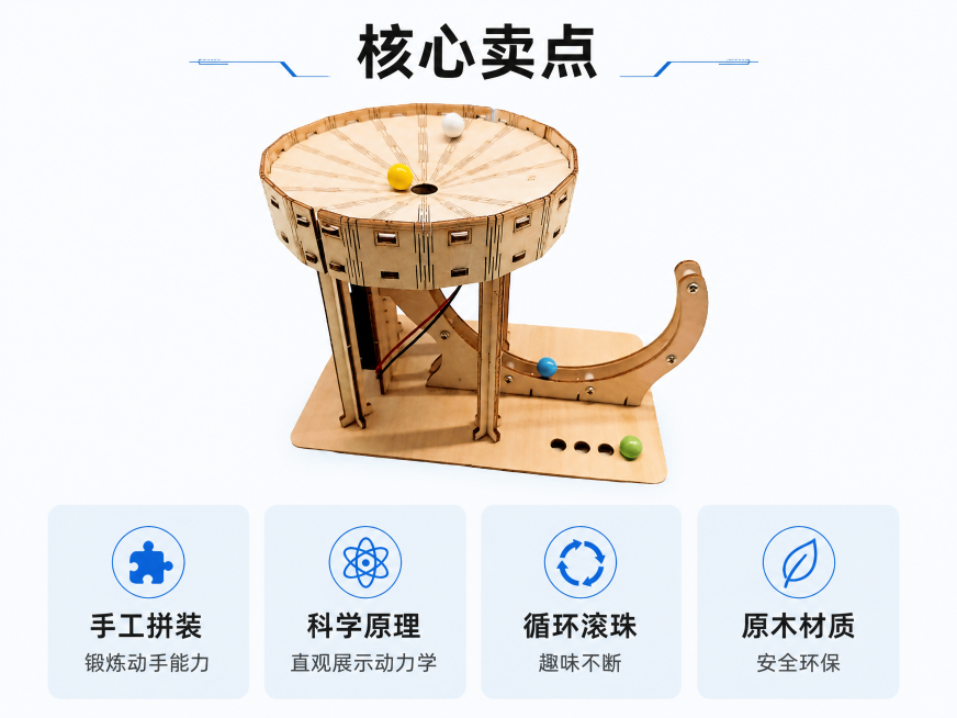 [第2屏] 产品优势卖点展示，这款DIY永动机木质拼装科技玩具。本屏使用【图1】作为产品主体，保持产品原有物理结构、木质材质、几何轮廓和滚珠颜色与原图完全一致。
[氛围/风格] 明亮简约科技风，清晰展预览效果