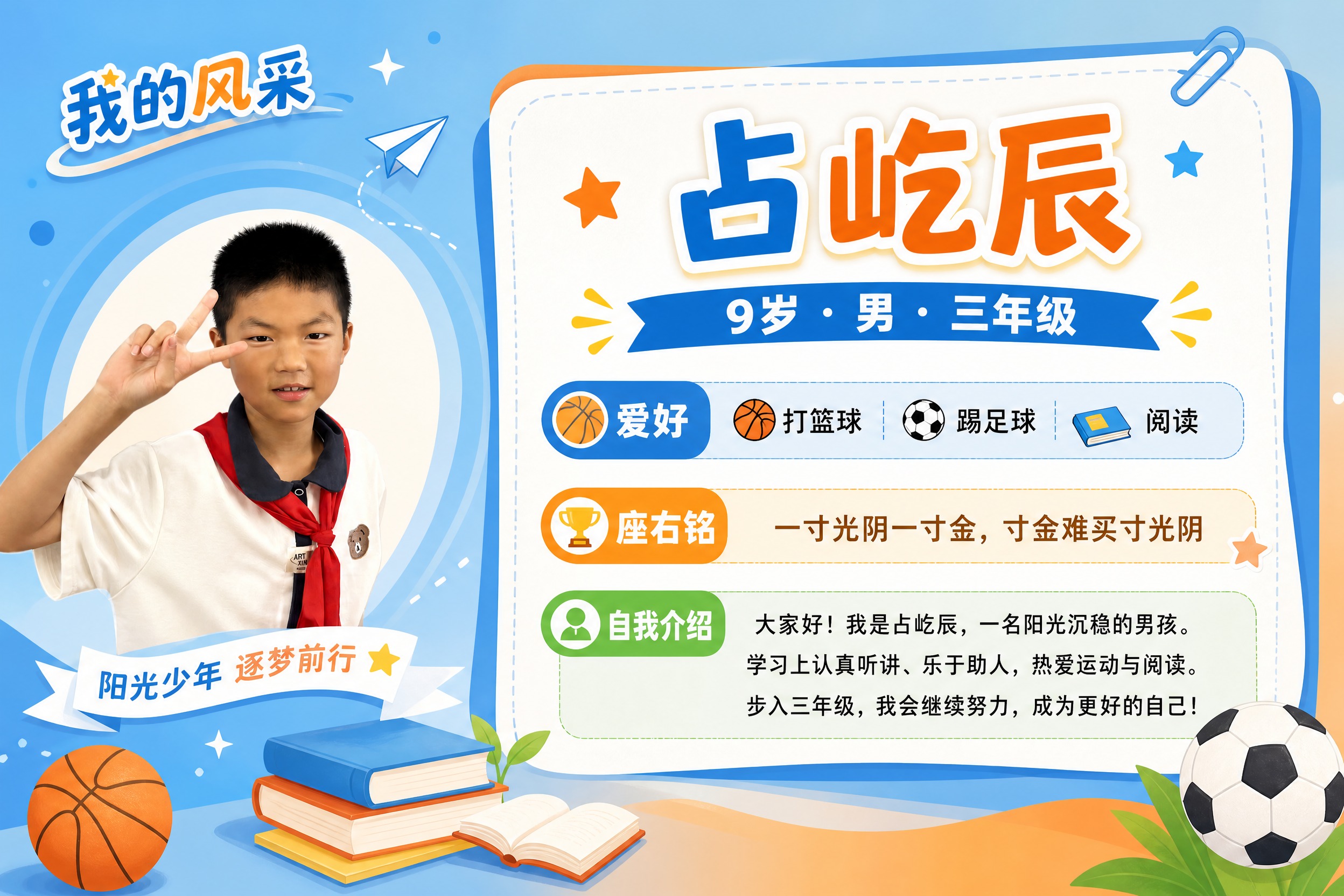 一张横版自我介绍海报，3:2比例，阳光活力的小学生个人风采展示… - 图片创意预览