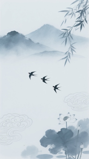 中国水墨画风格，淡雅柔和的灰蓝色调，右上角飘逸的竹叶以细腻笔触勾勒，远山采用水墨晕染技法呈现朦胧层次感，三只飞鸟呈三角形构图点缀于画面中下部分，背景融入传统祥云纹样与水墨荷花元素，整体留白充足营造空灵悠远意境，色调和谐统一，笔触写意自然，保持水墨画特有的温润质感与东方美学韵味。预览效果