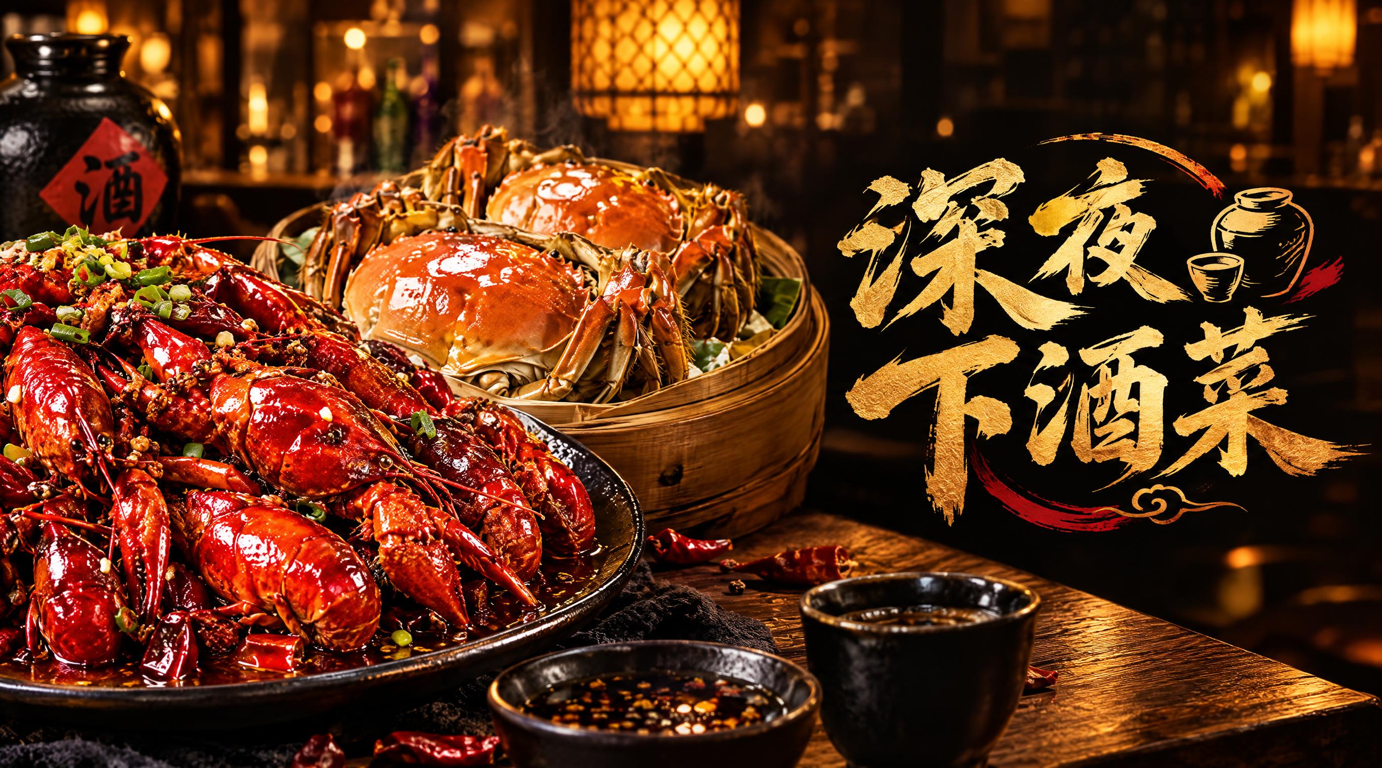 深夜下酒菜店铺店招设计，写真美食风格，左侧是一盘色泽红亮的麻辣… - 图片创意预览