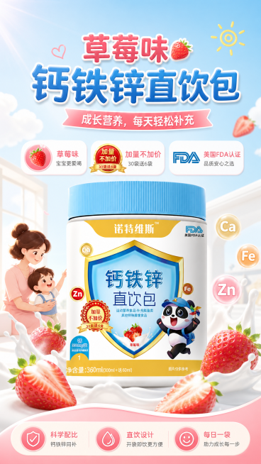 为诺特维斯钙铁锌直饮包制作一个有吸引力的电商宣传海报，突出产品的草莓味、加量不加价、美国FDA认证卖点，整体风格清新亲子风，干净明亮有设计感预览效果