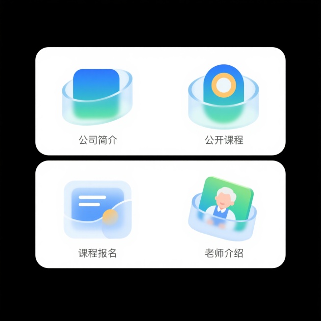 一套4个完全不同造型的系列素材集合，每个素材均采用简约扁平图标设计风格，拥有光滑的曲面、柔和的渐变色彩，图标主体为纯色填充，所有图标规整排布在纯白色背景上，保持一致的视觉层级与信息传达效率，分别结合金预览效果