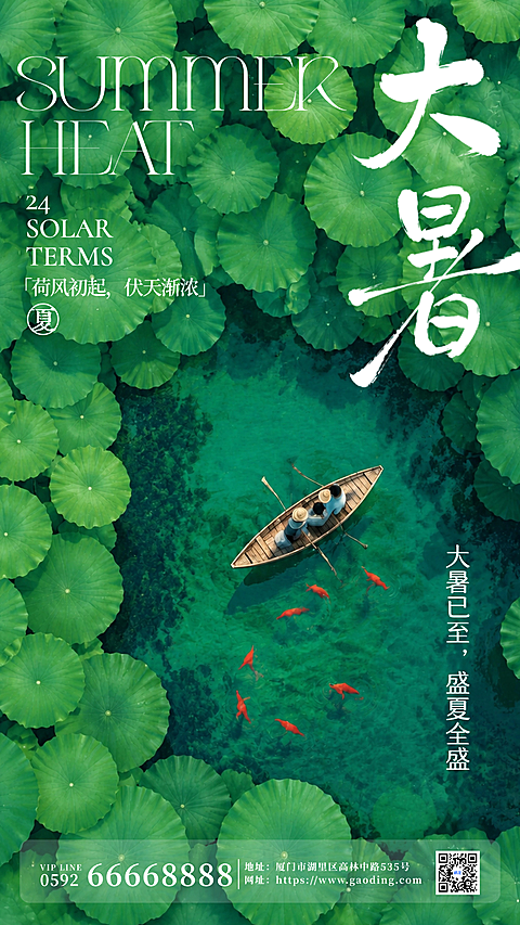大暑节气早安日签航拍荷塘游船森系治愈写实风景商务全屏竖版手机海报