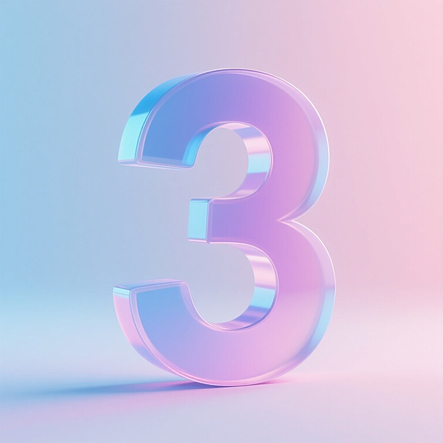 一个巨大的、立体感十足的数字“3”，采用半透明的渐变材质，主要由柔和的蓝色和粉紫色融合过渡，表面光滑且带有细腻的光泽感，仿佛有内部光源透出。数字“3”位于画面中央，占据大部分视觉空间，下方投射出淡淡的、带有颜色倾向的阴影。背景是渐变的浅粉色到淡蓝色，营造出宁静而梦幻的氛围，整体风格充满现代科技感和未来感，光影效果柔和，高光与暗部过渡自然，色彩和谐统一，给人一种轻盈、通透且精致的视觉体验。
