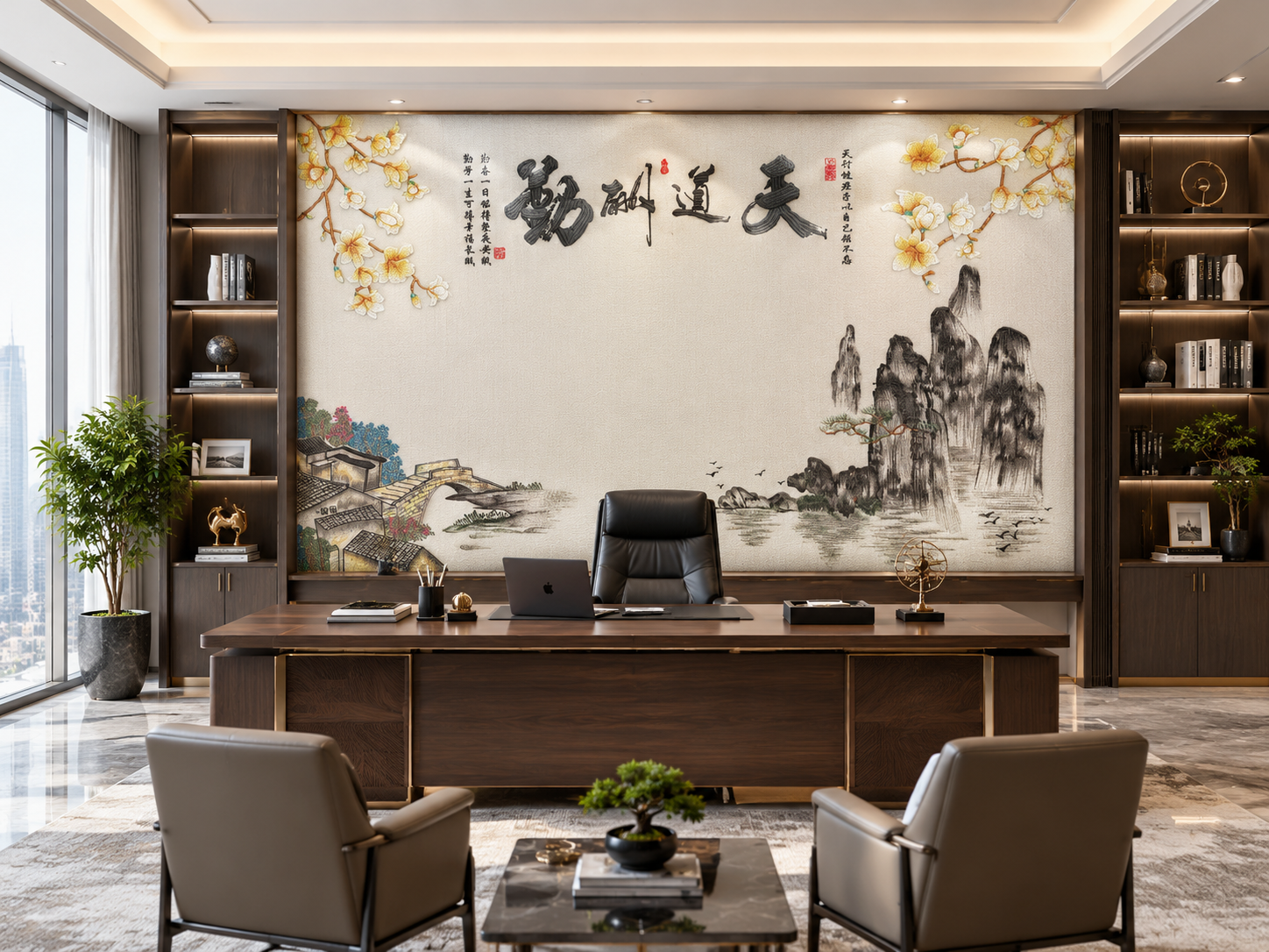 将这张刺绣硬包背景墙图安装在宽敞明亮、高端大气的总裁老板董事长… - 图片创意预览