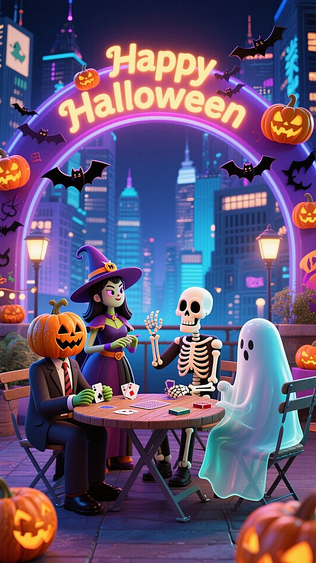 都市夜景，4个角色（女巫、南瓜人（穿着西装）、骷髅、幽灵）在户外桌前打牌。上方有发光的 “Happy Halloween” 霓虹拱门，点缀南瓜灯和蝙蝠，背景是繁华的城市建筑群，整体风格温馨又充满节日趣味。