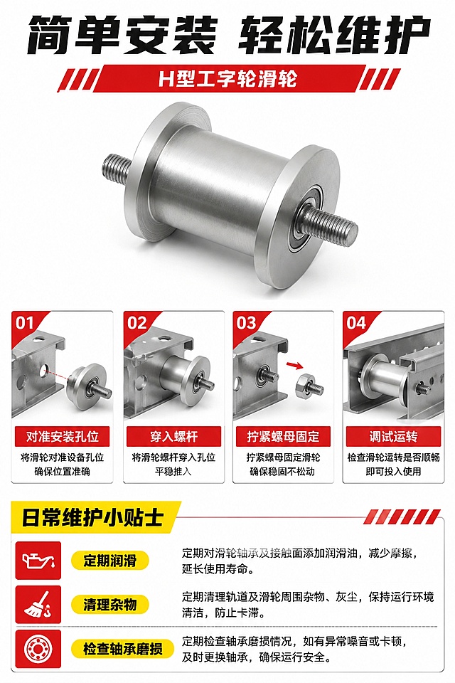 2:3 竖版电商详情页，工业硬核五金专业风，主色调金属银灰色 (#B8B8B8)+ 正红色 (#D62121)，辅助色明黄色 (#FFCC00)；全图中文统一使用粗体无衬线字体，信息层级清晰，金属质感强烈，杂志级精致排版，风格统一无割裂，视觉冲击力强。工业实用风格。严格还原上传的 H 型工字轮滑轮产品图，尺寸比例保持 1:1。主标题 “简单安装 轻松维护” 使用大号粗体黑色字体，位于画面顶部居中。画面采用分步图示布局，用四个步骤图清晰展示：1. 对准安装孔位；2. 穿入螺杆；3. 拧紧螺母固定；4. 调试运转。每个步骤图下方配简短的文字说明。底部添加 “日常维护小贴士” 文字区域，列出 3 条核心维护要点：定期润滑、清理杂物、检查轴承磨损。白色背景，排版清晰易懂，方便用户快速掌握。负面提示词：步骤错误、图示模糊、文字过小、色彩鲜艳、卡通图示、产品变形、多余装饰、人物出现、风格割裂