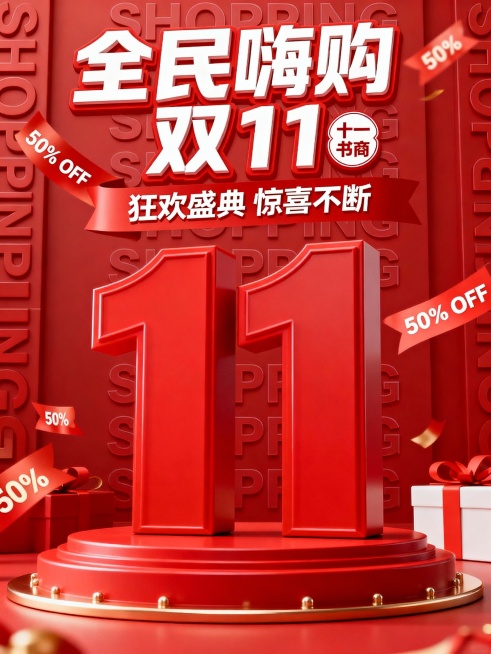 以红色为主色调的双11书商促销海报，画面核心是立体的红色‘11’造型，充满冲击力。上方有‘全民嗨购 双 11’‘狂欢盛典 惊喜不断’的白色艺术字，搭配‘十一书商’标识。周围多处标注‘50% OFF’的预览效果