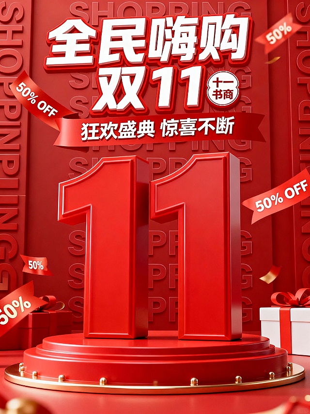 以红色为主色调的双11书商促销海报，画面核心是立体的红色‘11’造型，充满冲击力。上方有‘全民嗨购 双 11’‘狂欢盛典 惊喜不断’的白色艺术字，搭配‘十一书商’标识。周围多处标注‘50% OFF’的折扣信息，背景是重复的‘SHOPPING’等英文单词，整体风格热烈震撼，突出双11图书促销的狂欢折扣氛围。
