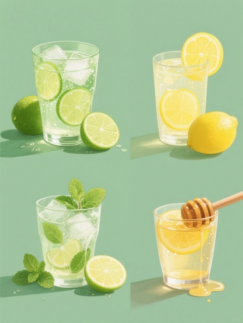 一套4个规整排布的柠檬水素材，保持清新写实的水彩质感风格，主色调为明亮的绿色系，光影表现为柔和的自然光源，带有水珠和冰块的晶莹剔透质感。每个素材中包含不同造型样式的透明玻璃杯装柠檬水，以及不同口味特征：第一个为经典青柠口味，杯中漂浮青柠片与冰块，杯旁摆放完整青柠与切开的青柠；第二个为黄柠檬口味，以黄色柠檬片和完整黄柠檬为主要元素；第三个为薄荷青柠口味，加入新鲜薄荷叶装饰；第四个为蜂蜜柠檬口味，……预览效果