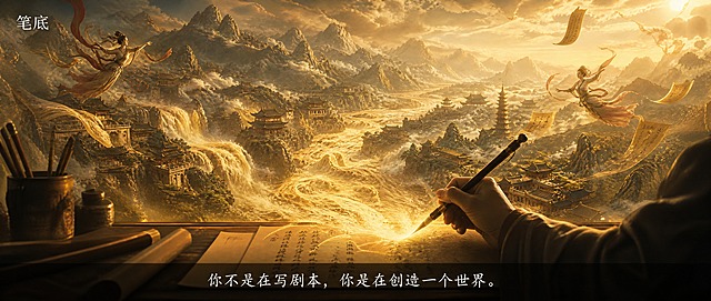 Cinematic widescreen image 2 of 3, 2.35:1 aspect ratio, panoramic wide shot, same warm golden style. A writer's desk in the foreground with a hand holding a calligraphy brush or pen, and from the tip of the pen, an entire world of Shanxi unfolds - the Yellow River surges, Taihang Mountains rise, ancient pagodas and temples emerge, flying apsaras drift, golden scrolls fill the air. The small room opens up into a vast landscape of stories and imagination. The transition from the tiny desk to the enormous world is magical and awe-inspiring. Golden light radiates from the writing. Epic scale, sense of creation and wonder. Film grain, realistic cinematography. Bottom semi-transparent black gradient bar with only one line of centered white Song style Chinese text: 你不是在写剧本，你是在创造一个世界。Top left small white label: 笔底. No other text. No watermarks.