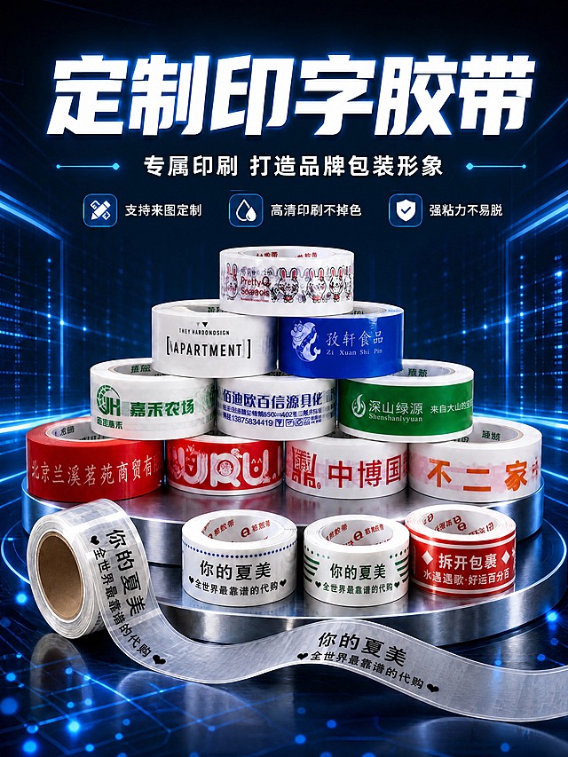 将图一中所有透明底蓝色文字的'请添加店主微信'款胶带（包括左下角卷装胶带和下方拉出的长胶带）上的文字，替换为图二第二行左边的'你的夏美 全世界最靠谱的代购'文字样式，保持胶带的透明底不变，文字颜色改为黑色，字体和排版与图二一致，包含爱心符号，文字沿胶带弧度和拉伸方向自然排列，保持原图的深蓝色科技背景、金属展台、其他所有胶带款式、顶部大标题和三个卖点图标完全不变，光影质感与原图统一
