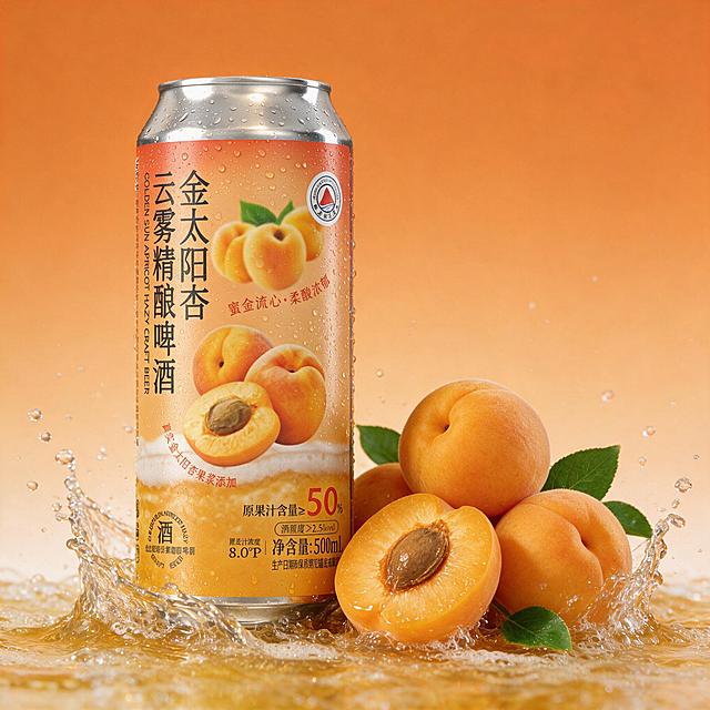 将背景替换为暖橙色渐变背景。左侧放置一罐金太阳杏云雾精酿啤酒，罐身布满细密的冷凝水珠，水珠晶莹剔透有光泽，旁边堆放着几颗新鲜饱满的金太阳杏（有完整的和切开露出果核的），杏子色泽金黄诱人。底部有飞溅的水花和啤酒液体动态效果，增加清凉动感。产品罐身保持原样，包装上的所有文字、图案、logo细节清晰完整不变。高端商业摄影质感，暖橙色调，画面干净纯净，无任何额外文字。正方形构图。