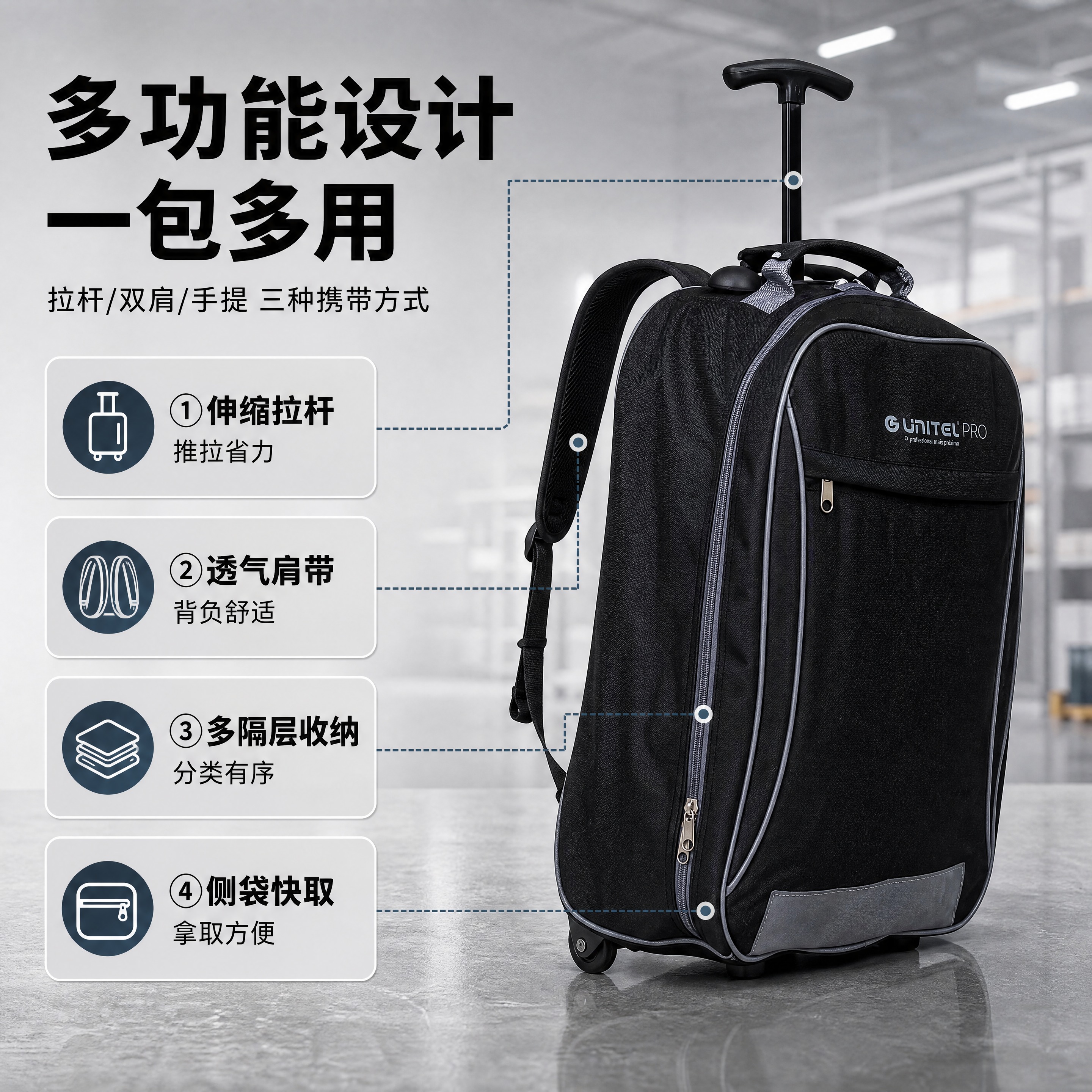 [商品] 使用【图2】黑色拉杆双肩电脑包侧面角度（UNITEL… - 图片创意预览