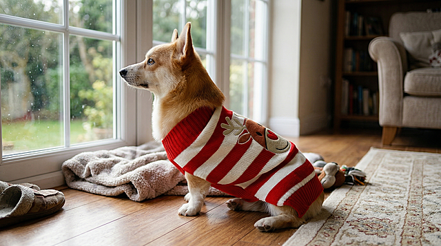 狗狗穿着这件红白条驯鹿图案毛衣在家中靠窗的地板休息，保留毛衣的主体特征和驯鹿图案细节，画面超清，自然温馨