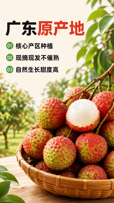 [第2屏] 产地直采-广东原产妃子笑荔枝优势展示。
[氛围/风格] 自然清新产地风，绿色生机氛围，真实摄影质感，突出原生态原产地优势。
[元素布局] 本屏使用【图5】作为产品主体参考，左侧放置广东荔枝预览效果