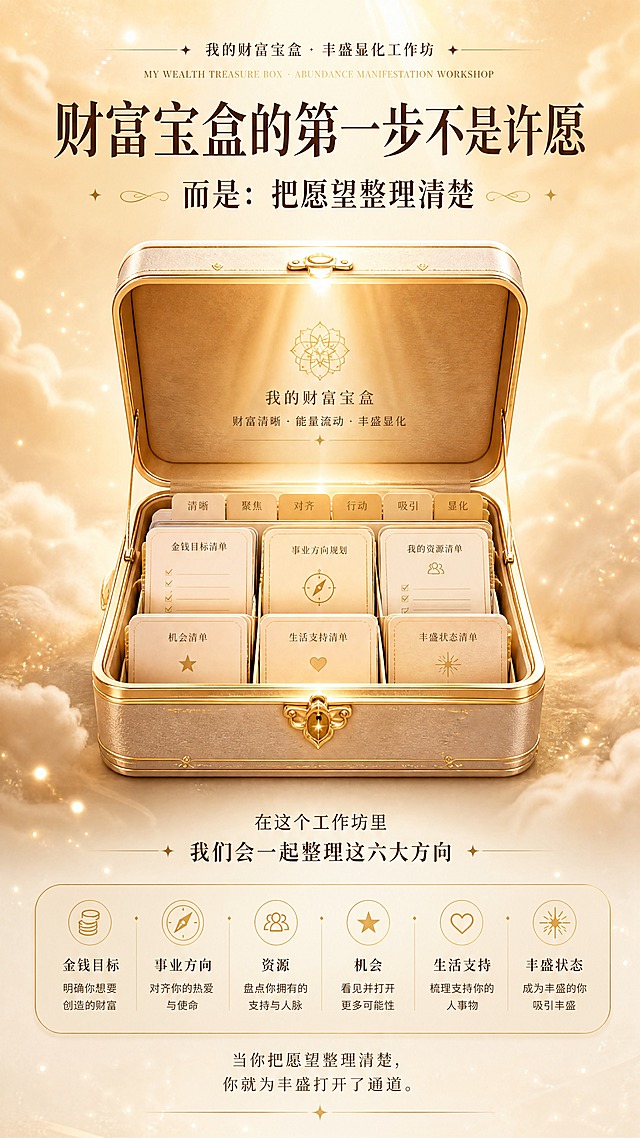 [商品] 非实物课程服务，课程名称为「我的财富宝盒 · 丰盛显化工作坊」；保留课程核心理念。
[画面] 第3张 课程核心理念。目标：翻转用户认知——财富宝盒第一步不是许愿，而是整理愿望。画面中心是一只半开的宝盒，盒内不是珠宝，而是整齐排列的卡片、清单、小标签，象征「整理清楚」；宝盒上方有一道柔和的光向下洒落。构图：居中对称式，宝盒位于画面正中偏上，占画面50%；上下留白放标题与理念文字。前景有细小的金色粒子，中景宝盒与卡片，远景暖金渐变云雾。
[视觉] 套系策略：风格=灵性治愈系商业插画+轻3D质感；标题字=优雅衬线粗体（中文）+ 纤细英文衬线；正文字=简洁无衬线体；主色=暖金+米白+浅棕大地色；背景延展=基于米白与暖金做深浅层级、同色渐变、细腻纸张/沙砾质感、柔光雾效；强调色=琥珀金，仅用于小面积图标、引线、标签和高光光效；标题色=深棕褐；正文色=暖灰棕；组件=圆角浅金信息卡、细线引线、星芒点缀；光影=左上暖柔光，整体通透柔和，宝盒有内发光。
[文字] 顶部主标题「财富宝盒的第一步不是许愿」，副标题「而是：把愿望整理清楚」；宝盒下方信息卡列出课程会整理的六大方向预告：金钱目标、事业方向、资源、机会、生活支持、丰盛状态。文字全部横排，不遮挡宝盒。
[规格] 图片比例9:16竖版，4K分辨率，负向提示：避免冷蓝/冷灰主色、文字竖排、蚂蚁字、极限词、虚假承诺、二维码、平台Logo。