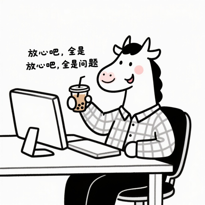 一个拟人牛马，穿着格子衬衫、一只手拿着一杯奶茶，坐在电脑桌前，坏笑的表情，手绘插图，可爱的艺术品，Yeoniu Choi风格，简笔画，卡通，粗线条勾勒，极简，干净的背景，上面一行文字用宋体写着“放心吧预览效果