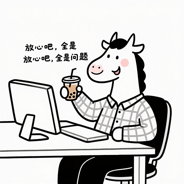 可爱卡通风格，拟人化小马办公喝奶茶，轻松幽默。