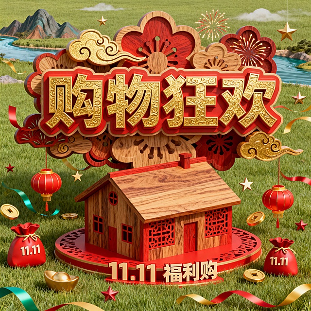 中式木雕风格融合3D重拟物设计，鎏金浮雕文字与卡通元素交织，喜庆红金配色烘托双11购物狂欢氛围，展现传统与现代的创意碰撞。