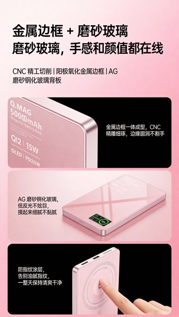 充电宝详情页
一、第一屏
 1.标题（大字）：
 “ iPhone 专用QI2磁吸充电宝”
2.副标题（小字）：
  “Qi2 磁吸快充｜实时屏显｜金属+磨砂玻璃高颜值”
画面描述：
  - iPho预览效果